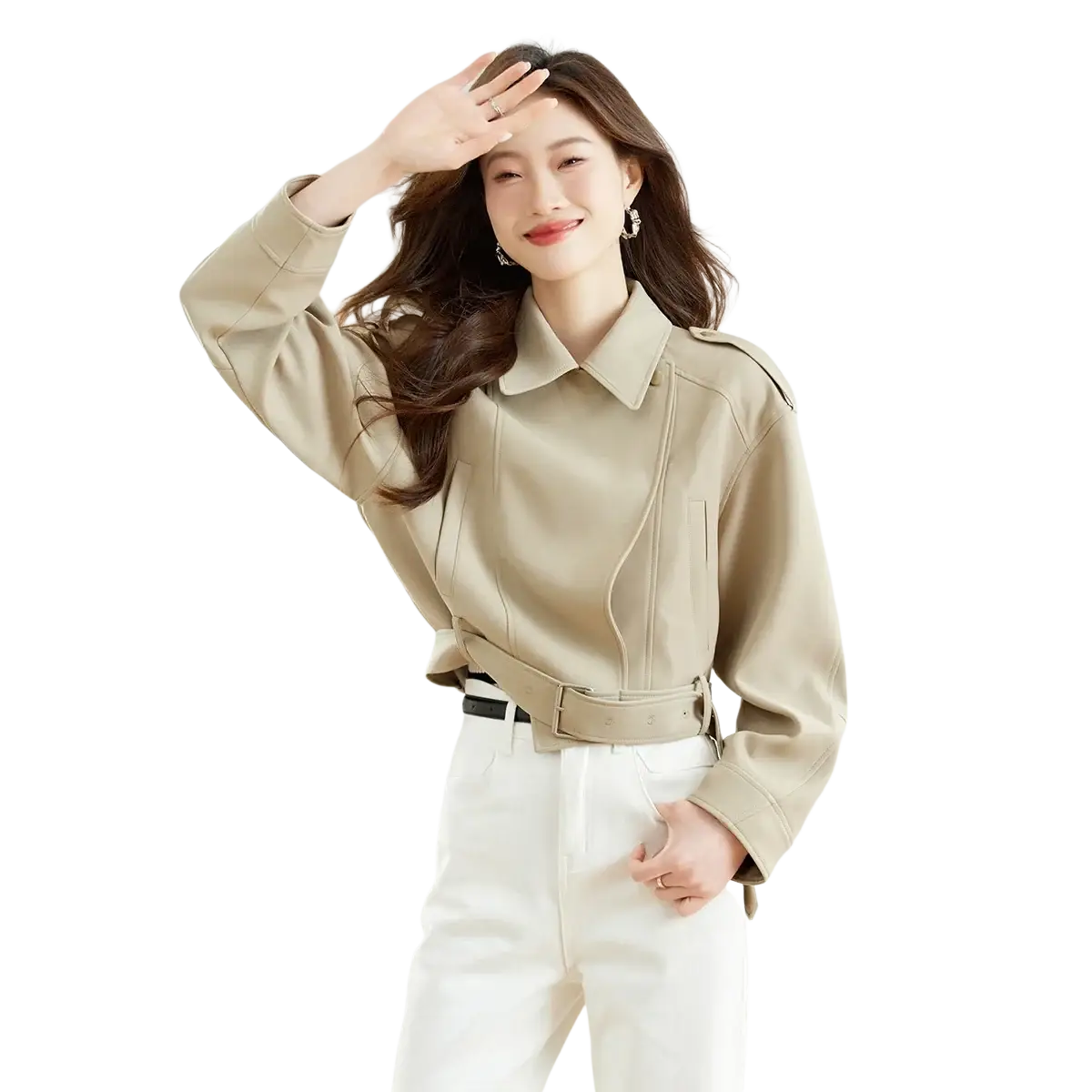 Beige faux leather short trench coat by Vimly with collar, waist belt detail, and long sleeves for women
