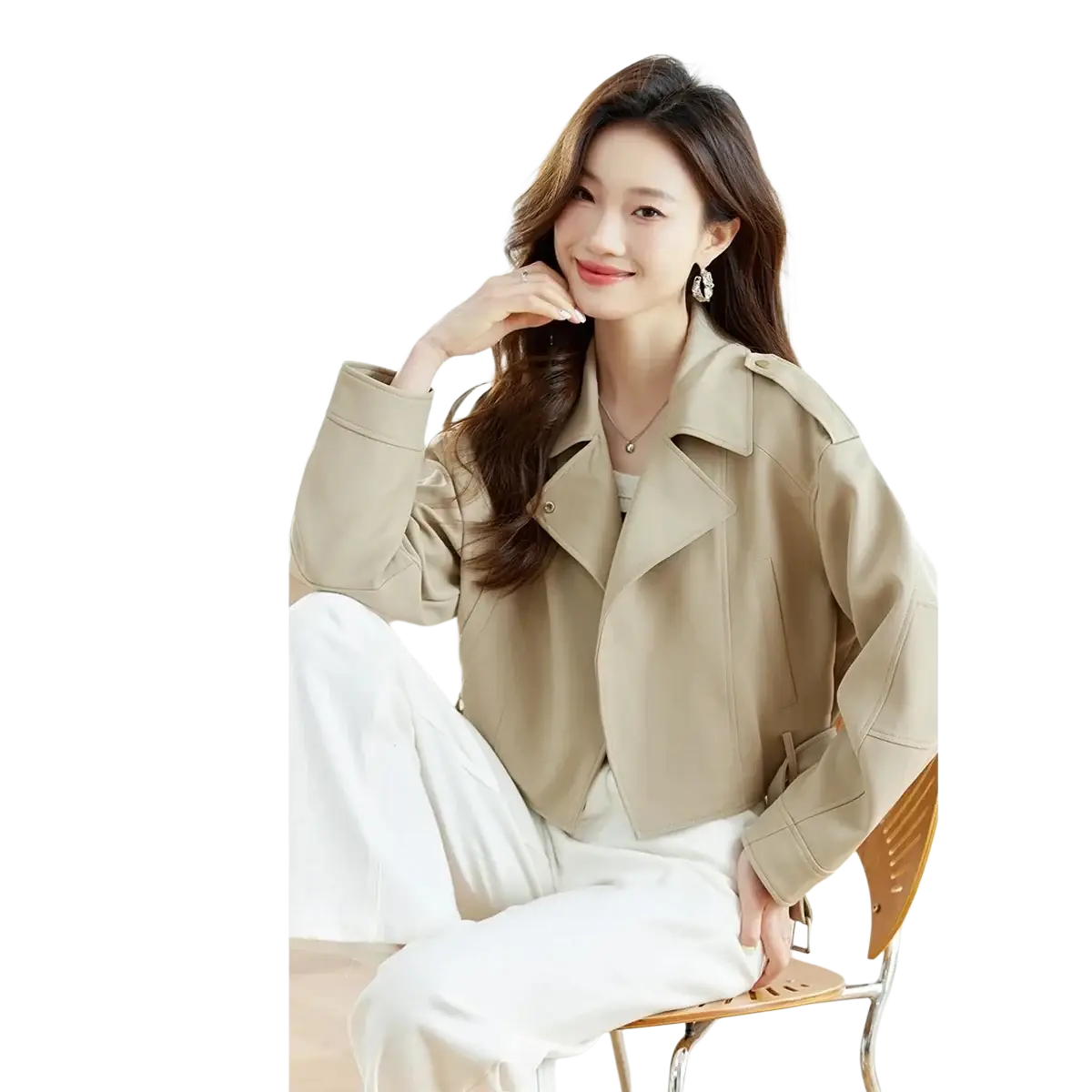 Beige vimly women short trench coat with detachable waist tab in breathable faux leather fabric