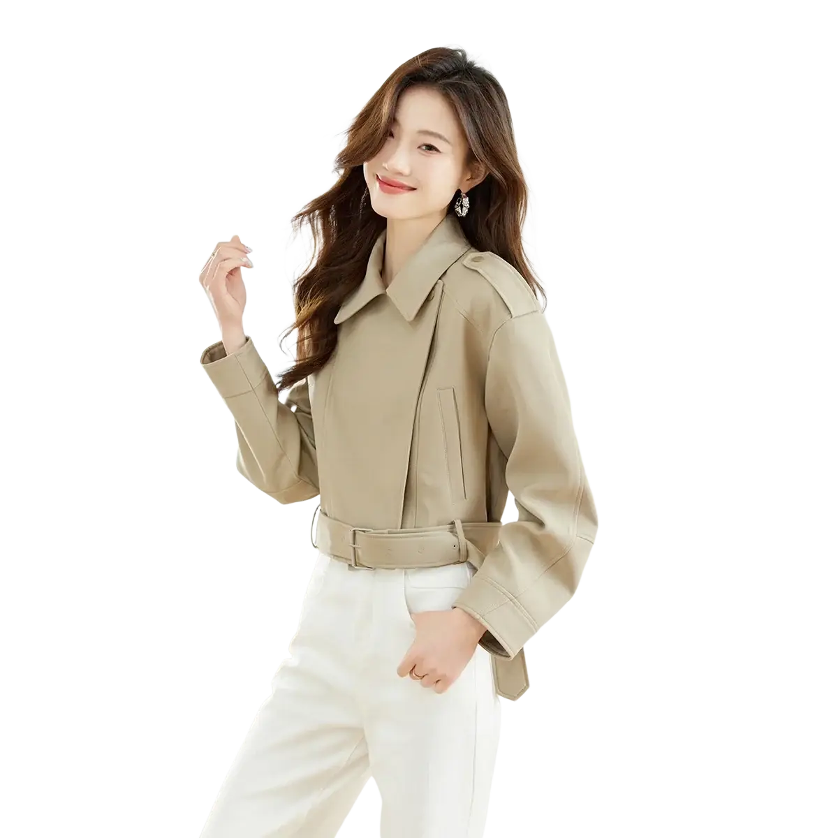 Beige vimly women short trench coat faux leather jacket with belted waist and structured shoulders front view