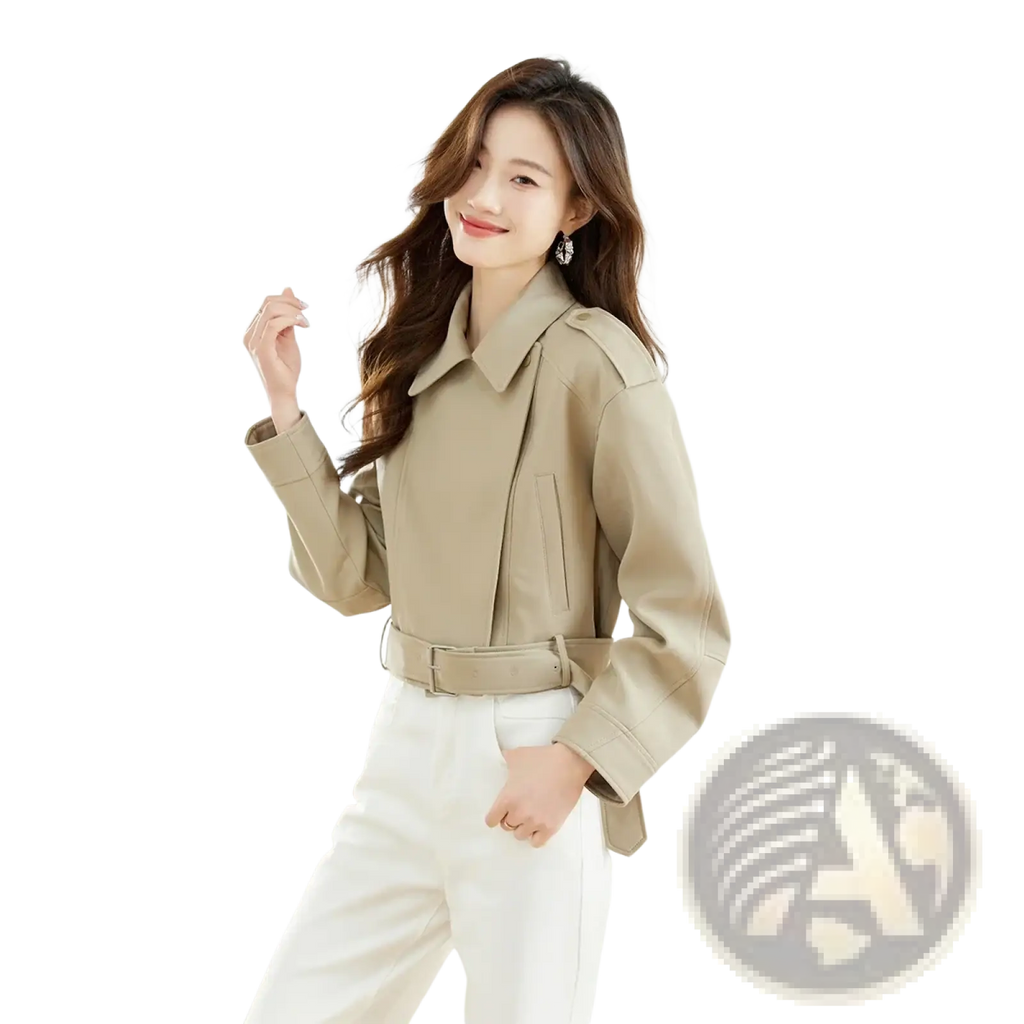 Beige vimly women short trench coat faux leather jacket with belted waist and structured shoulders front view