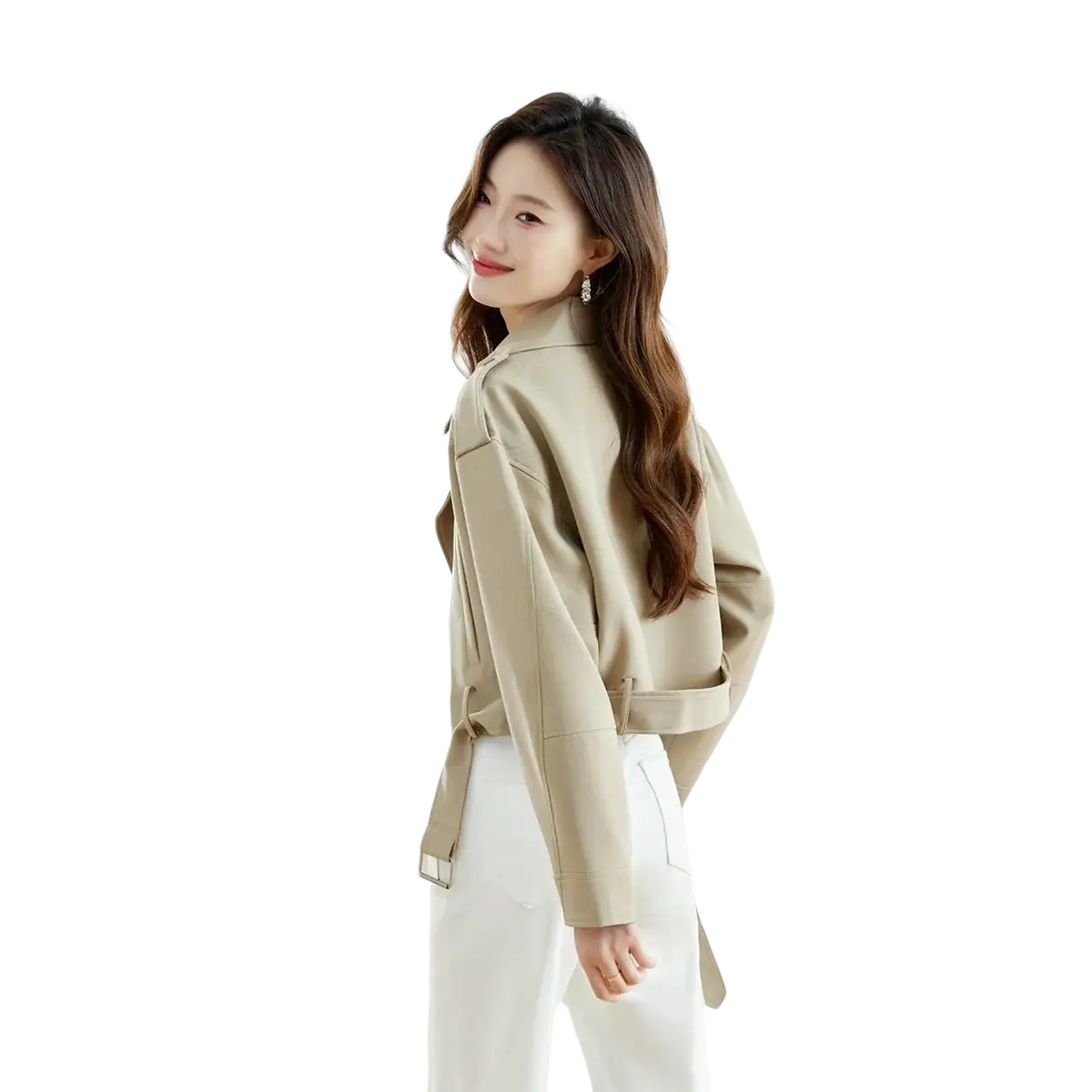 Beige Vimly women short trench coat made of faux leather with a belted waist and structured shoulders