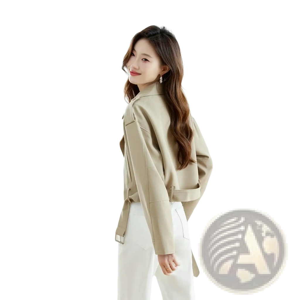 Beige Vimly women short trench coat made of faux leather with a belted waist and structured shoulders