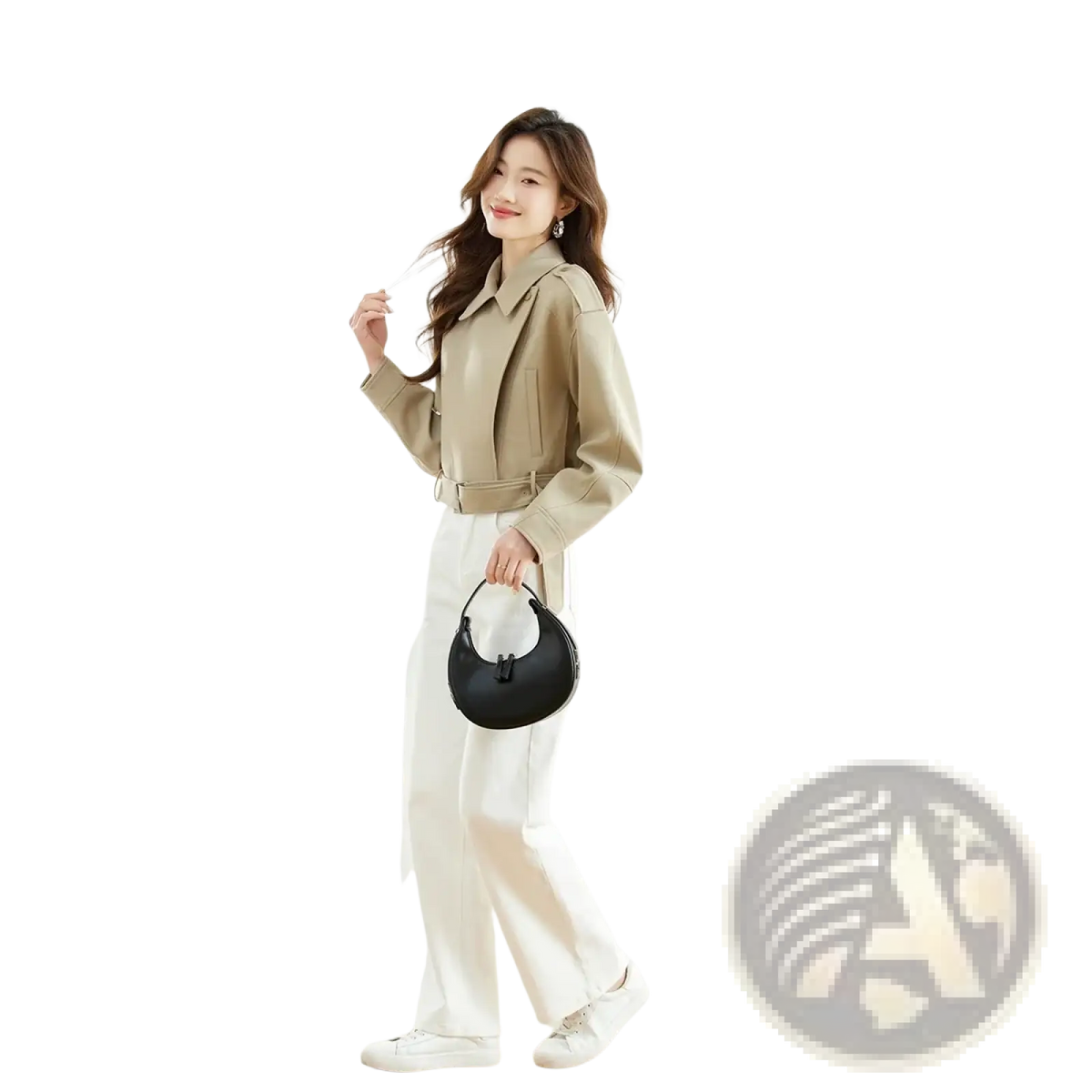 Black leather crescent-shaped handbag with top handle and front clasp paired with vimly women short trench coat faux leather jacket