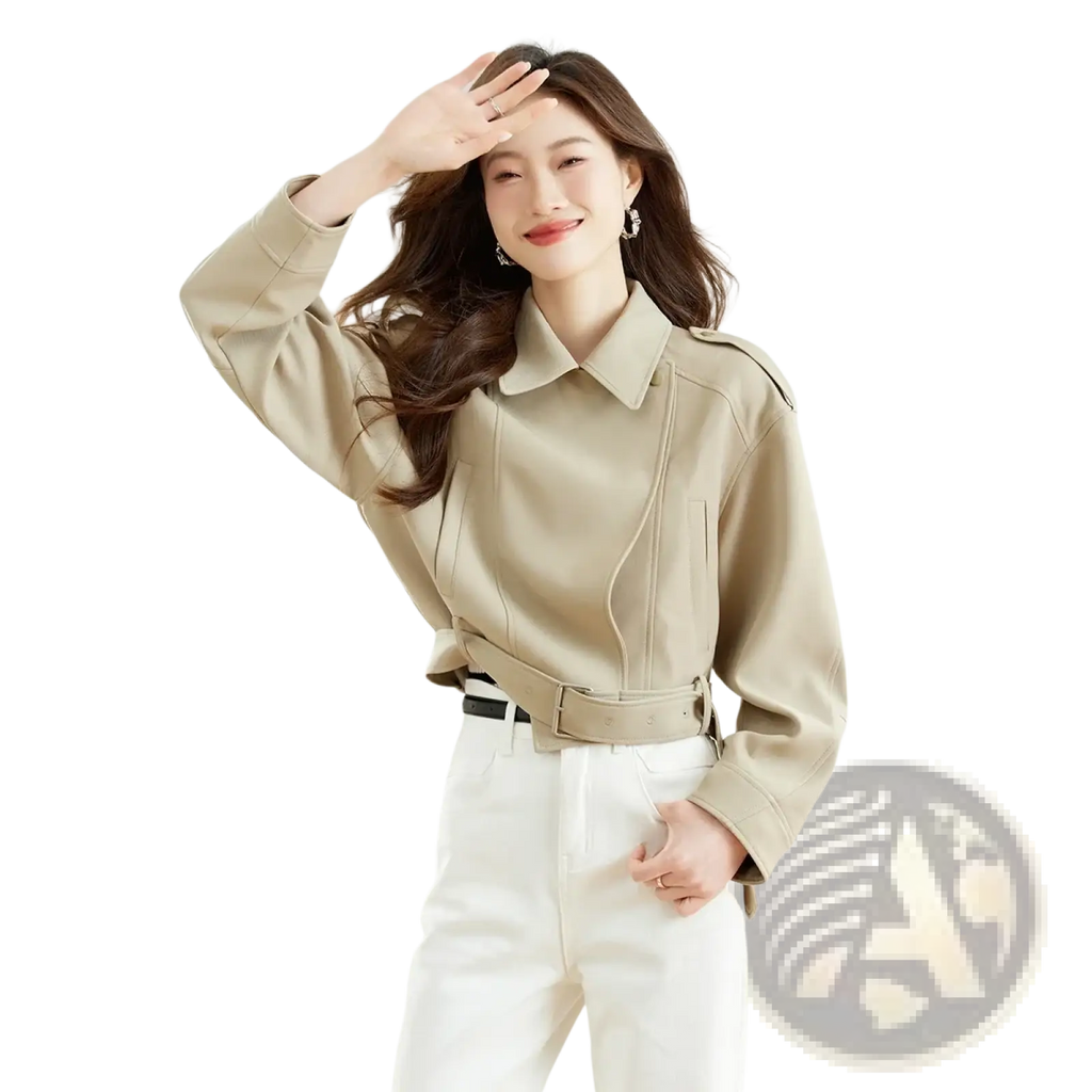Beige faux leather short trench coat by Vimly with collar, waist belt detail, and long sleeves for women