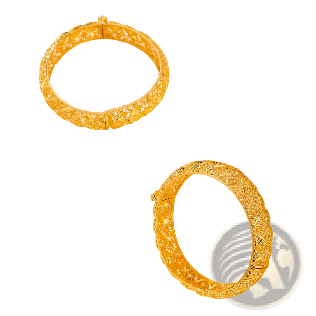 Vintage 18k gold plated filigree four leaf clover bangle bracelets with intricate geometric patterns in gold tone