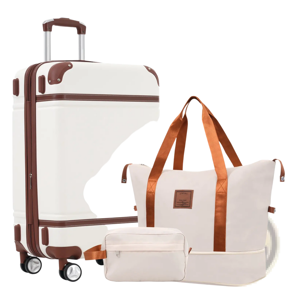 Cream-colored vintage 24 inch hardshell luggage with brown leather trim, telescoping handle, four spinner wheels, and TSA lock