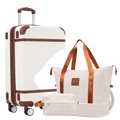 Cream-colored vintage 24 inch hardshell luggage with brown leather trim, telescoping handle, four spinner wheels, and TSA lock
