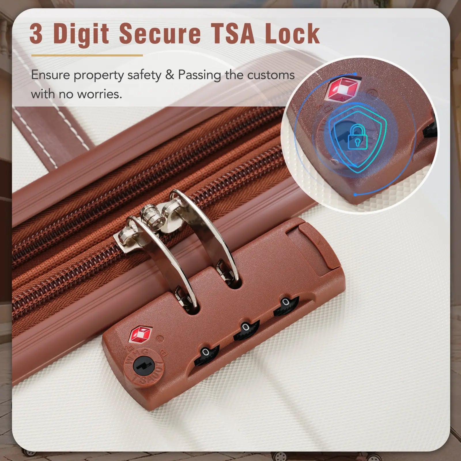 Brown leather-like 3-digit tsa-approved lock with silver zipper pulls and black dial knobs on vintage white hardshell luggage set