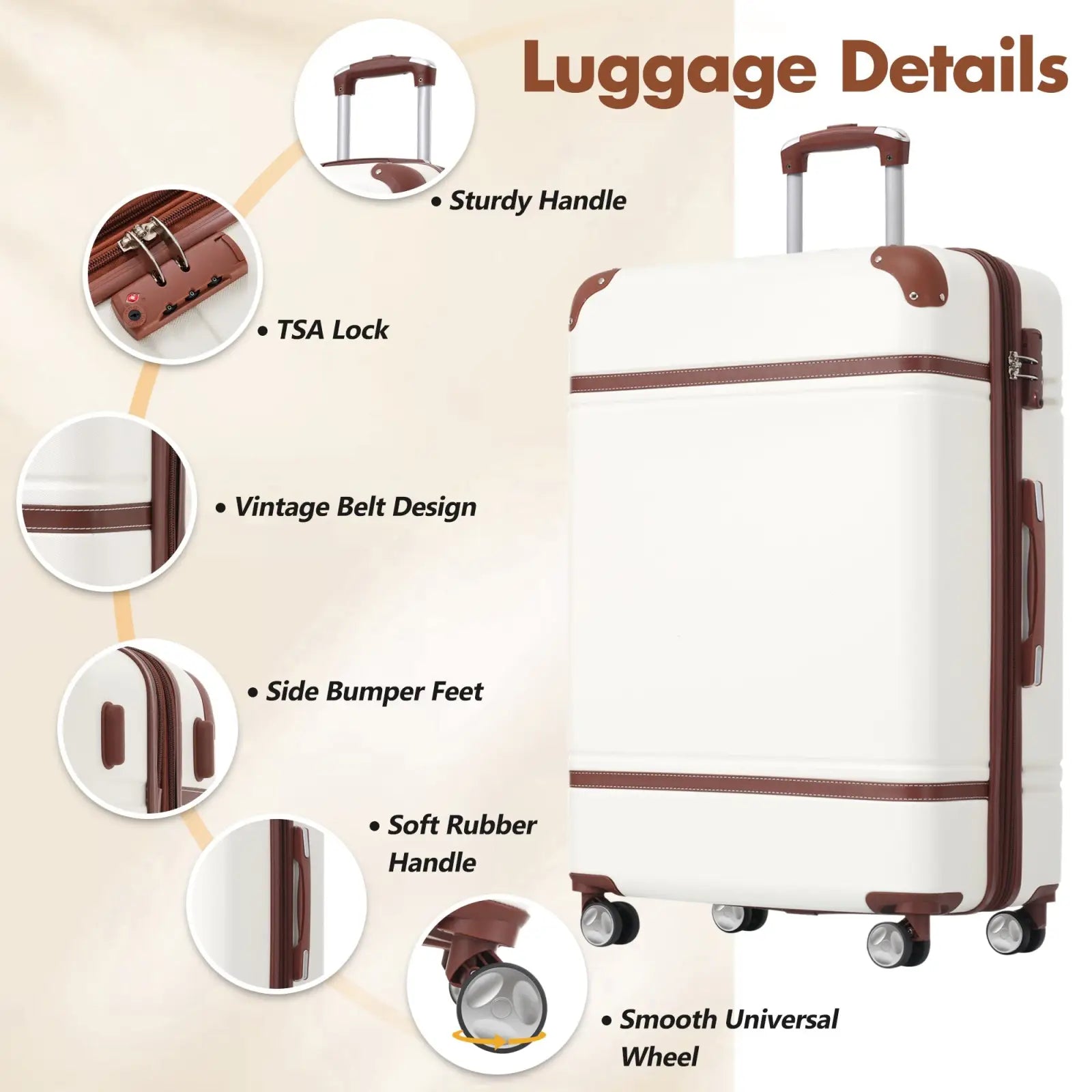 Cream-colored hard shell suitcase with brown leather trim and vintage belt design from vintage 24 inch hardshell luggage set with TSA lock in white