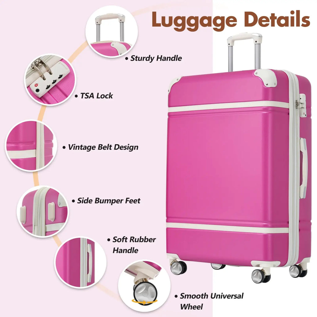 Vintage 24 inch pink hard-shell luggage set with tsa lock featuring vibrant pink color and white trim with vintage belt accents