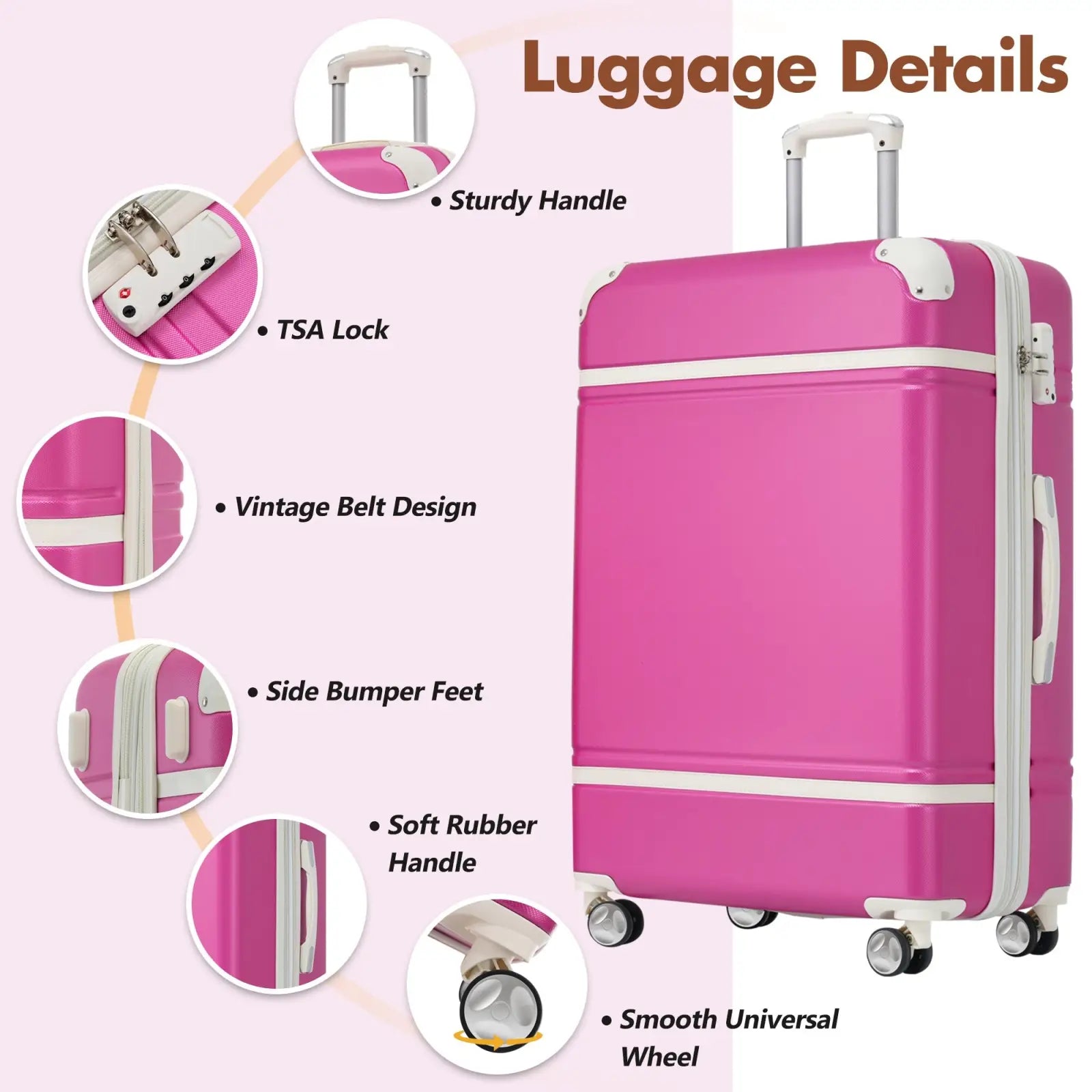 Vintage 24 inch pink hard-shell luggage set with tsa lock featuring vibrant pink color and white trim with vintage belt accents