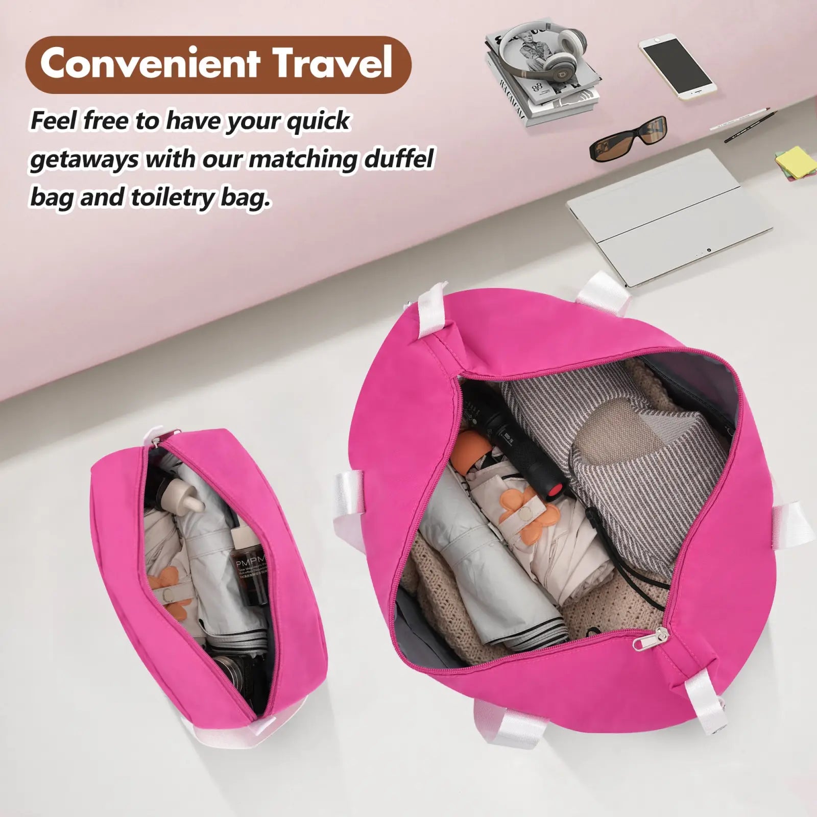 Bright pink matching duffel and toiletry bag set with white fabric handles for vintage 24 inch pink hardshell luggage