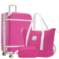Bright pink vintage 24 inch hardshell luggage with white trim, wheels, and tsa lock for secure travel