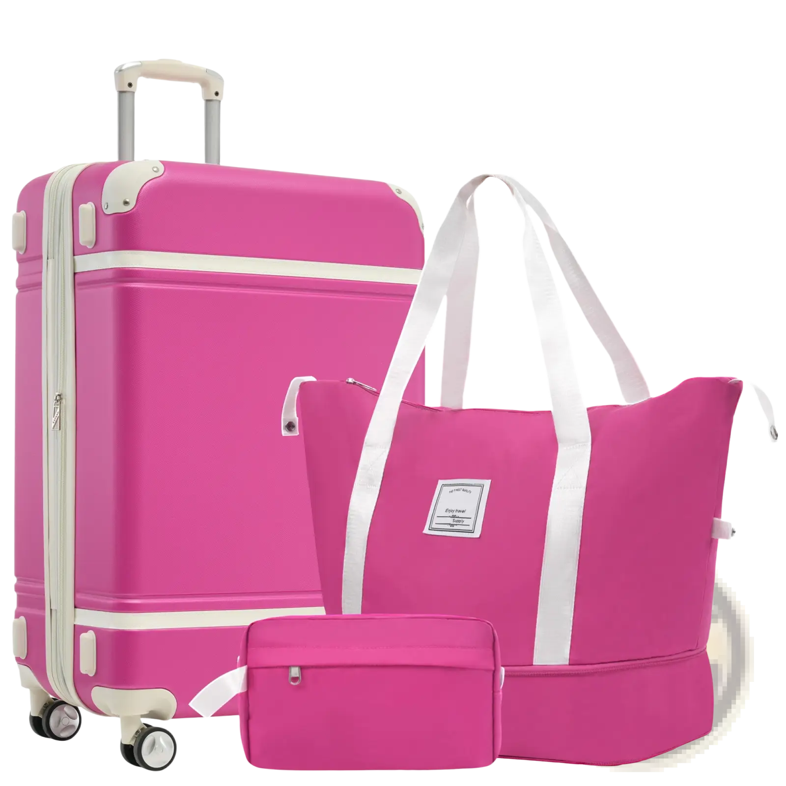 Bright pink vintage 24 inch hardshell luggage with white trim, wheels, and tsa lock for secure travel