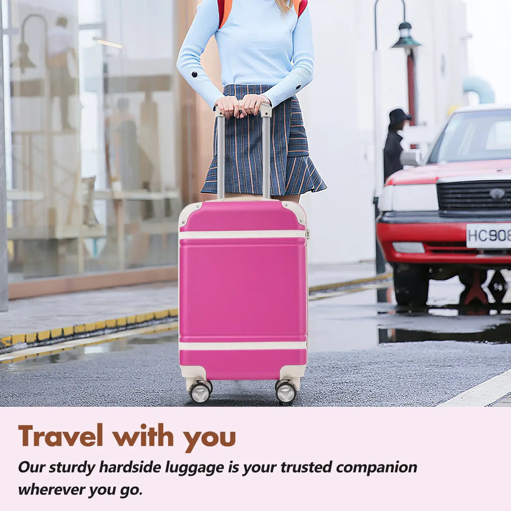 Vintage 24 inch pink hardshell suitcase with white trim, four wheels, and tsa lock for secure travel