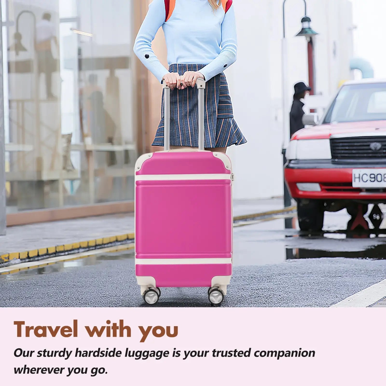 Vintage 24 inch pink hardshell suitcase with white trim, four wheels, and tsa lock for secure travel