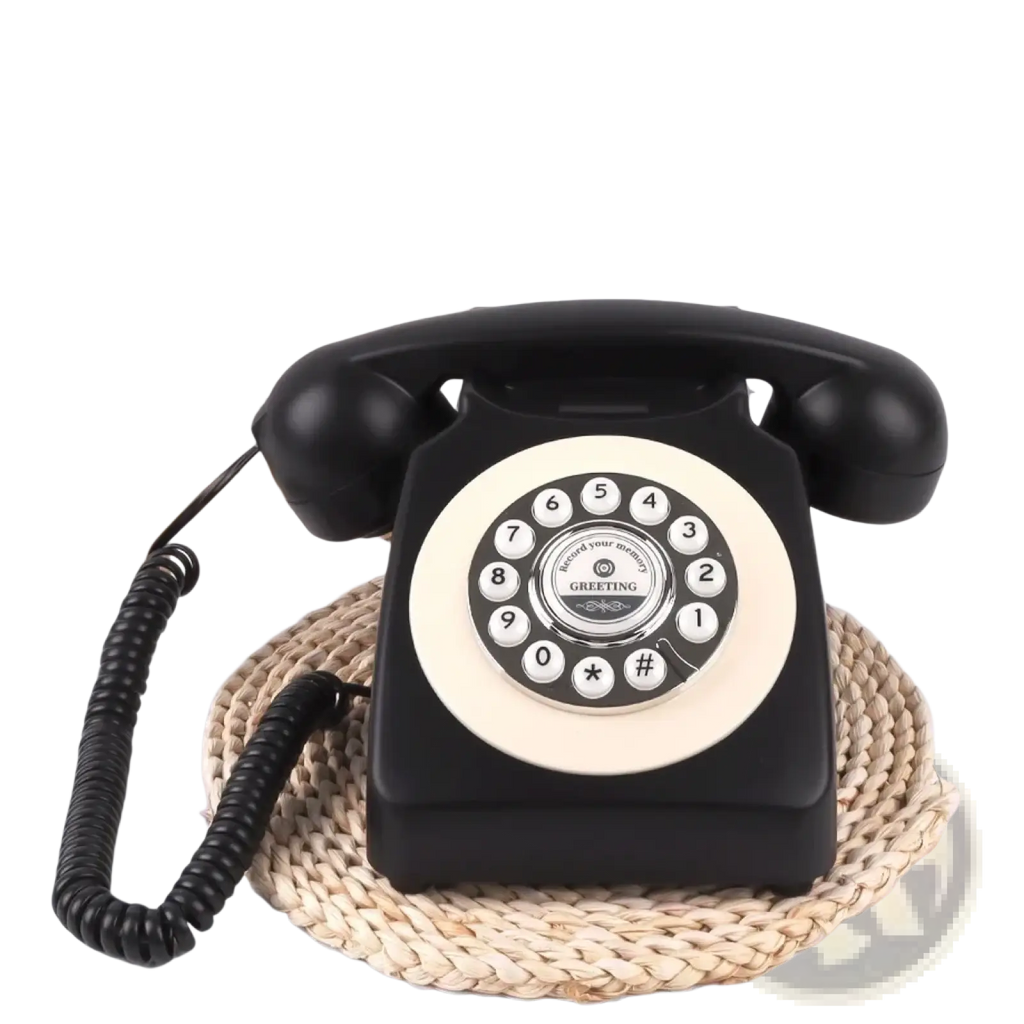 Vintage audio guest book phone is a black and cream rotary telephone with a glossy finish for weddings and events