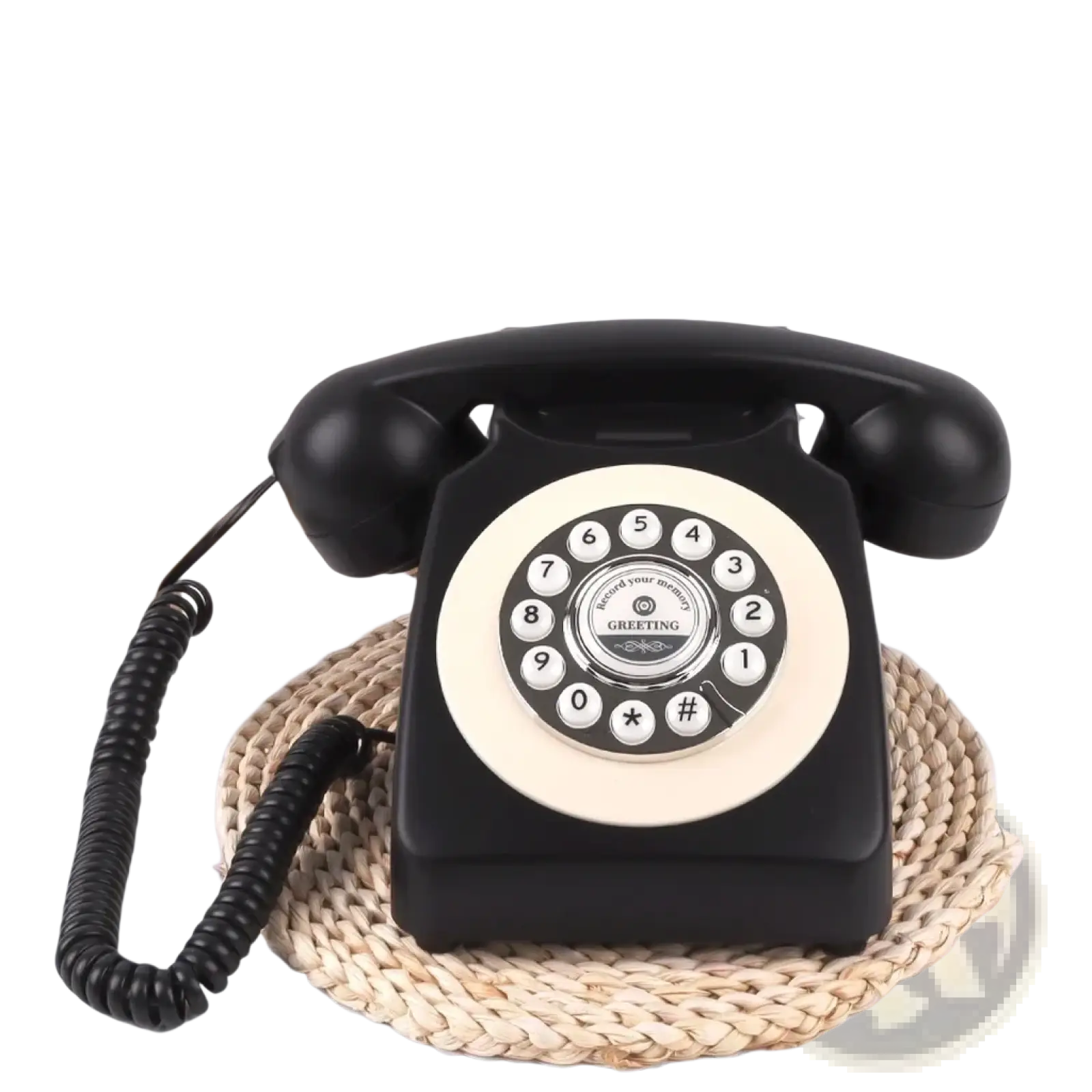 Vintage audio guest book phone is a black and cream rotary telephone with a glossy finish for weddings and events