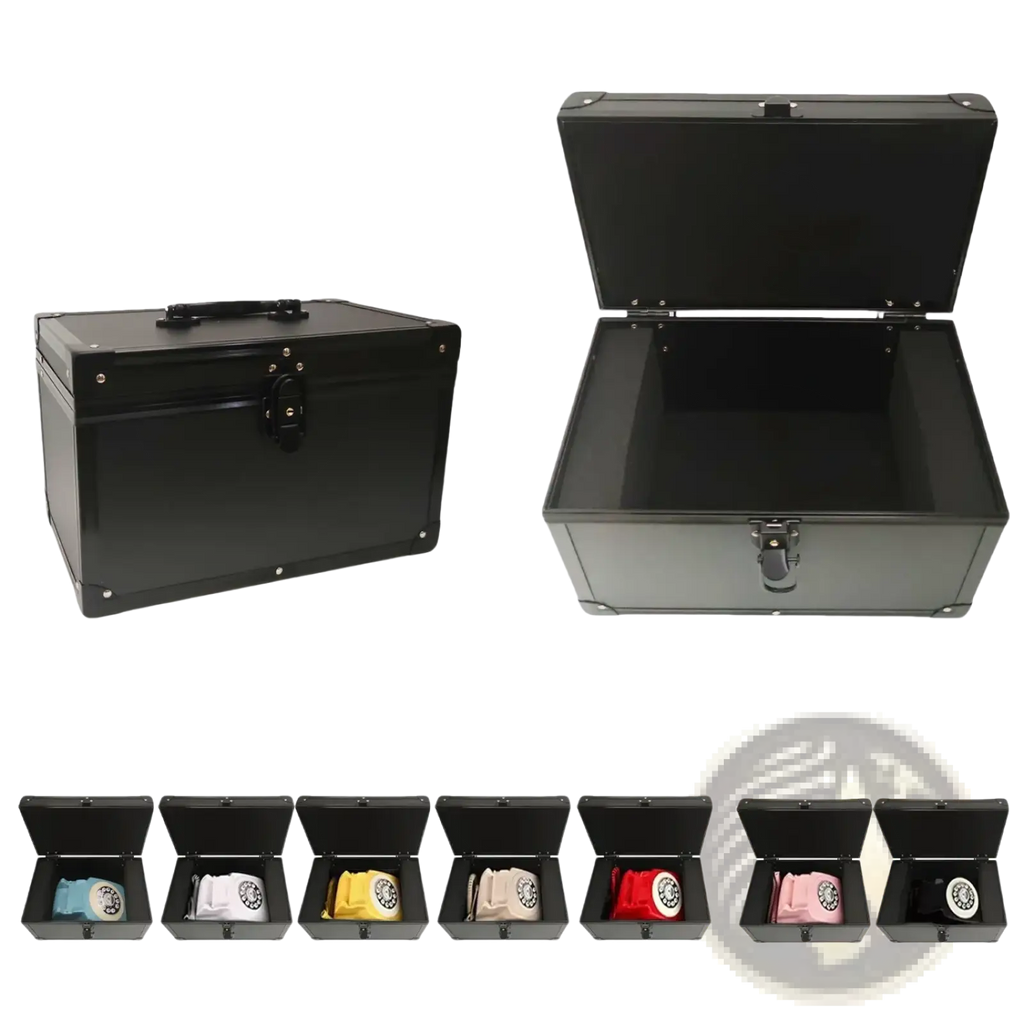 Black metal toolbox with sturdy handle and secure latch for vintage audio guest book phone at weddings and events