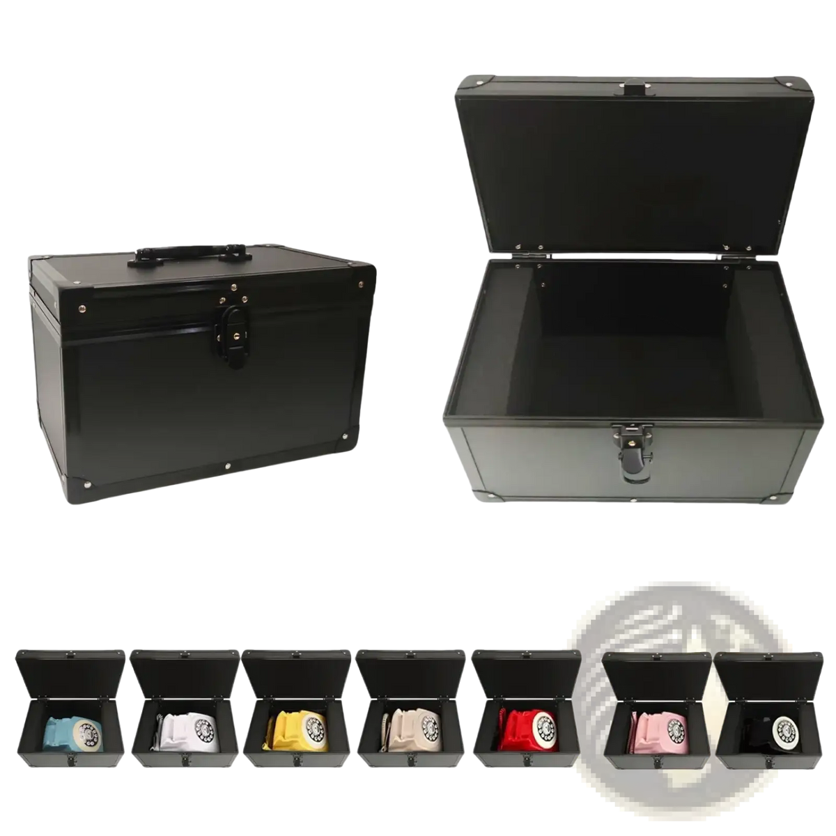 Black metal toolbox with sturdy handle and secure latch for vintage audio guest book phone at weddings and events