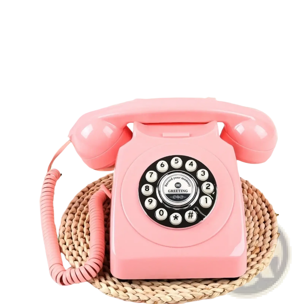 Vintage audio guest book phone featuring a pink rotary dial with white numbers and greeting text for weddings