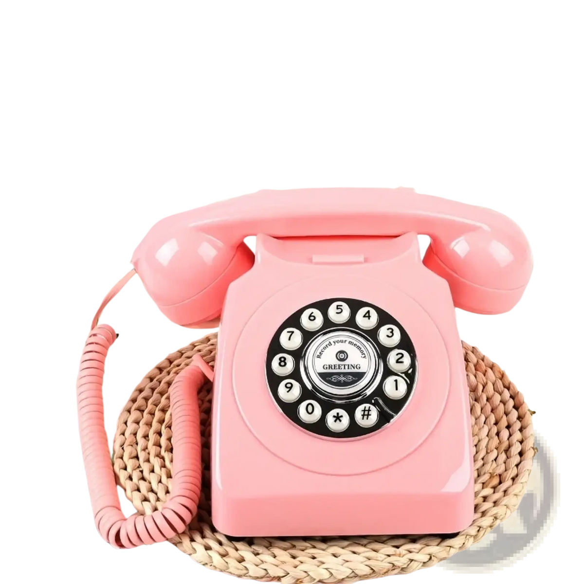 Vintage audio guest book phone featuring a pink rotary dial with white numbers and greeting text for weddings