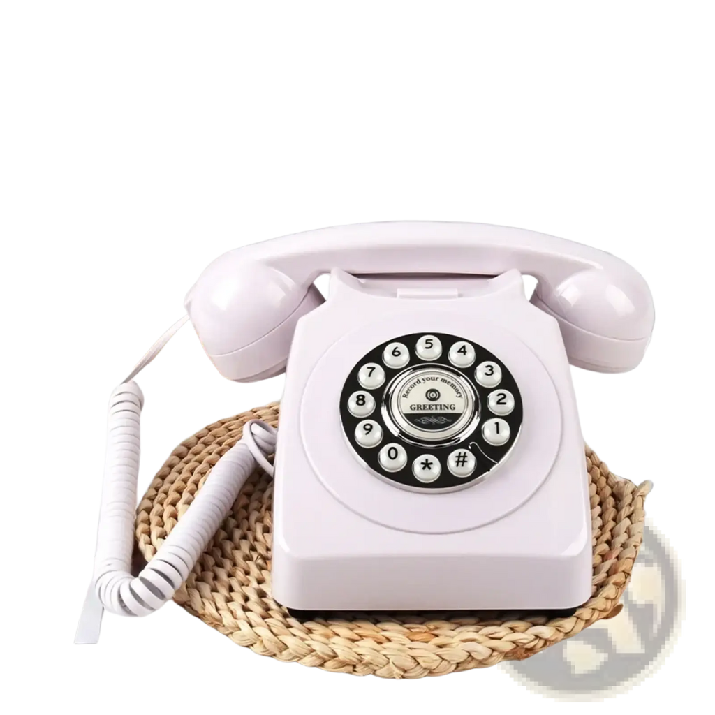 A vintage audio guest book phone with a matte white finish and black circular dial for weddings and events