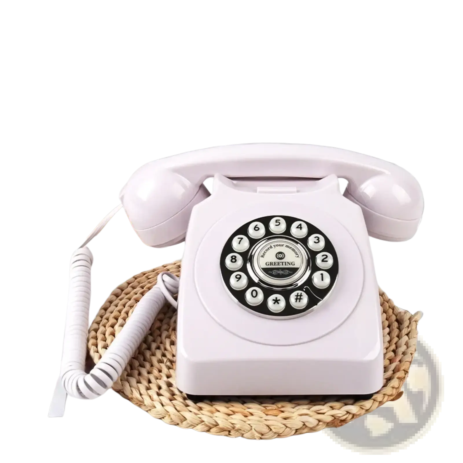 A vintage audio guest book phone with a matte white finish and black circular dial for weddings and events