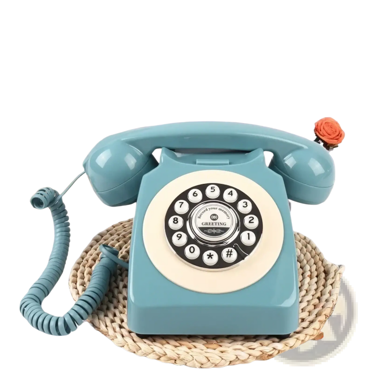 Vintage audio guest book phone in teal with cream dial and black buttons featuring greeting for weddings and events