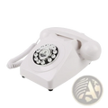 Cream-colored vintage audio guest book rotary phone with black silver dial and coiled handset cord for weddings and events
