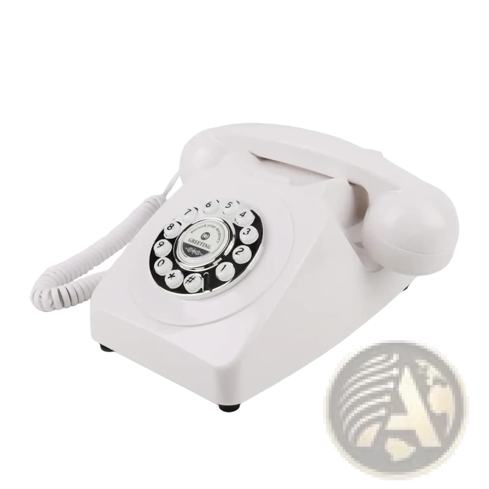 Cream-colored vintage audio guest book rotary phone with black silver dial and coiled handset cord for weddings and events