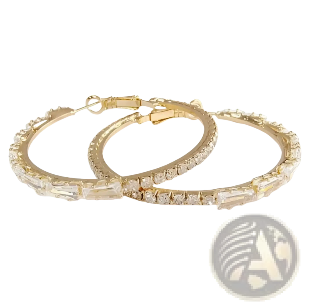 Gold hoop earrings in silver featuring dazzling clear rectangular cut crystals along the outer edges vintage baguette style