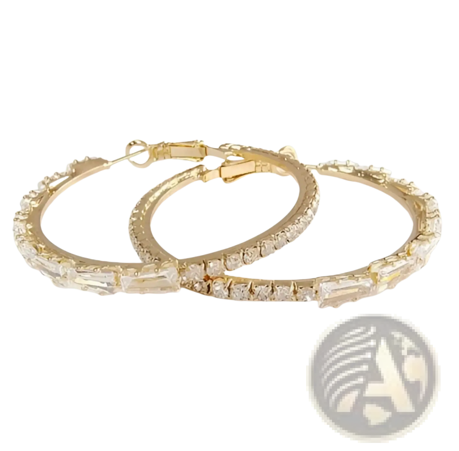 Gold hoop earrings in silver featuring dazzling clear rectangular cut crystals along the outer edges vintage baguette style