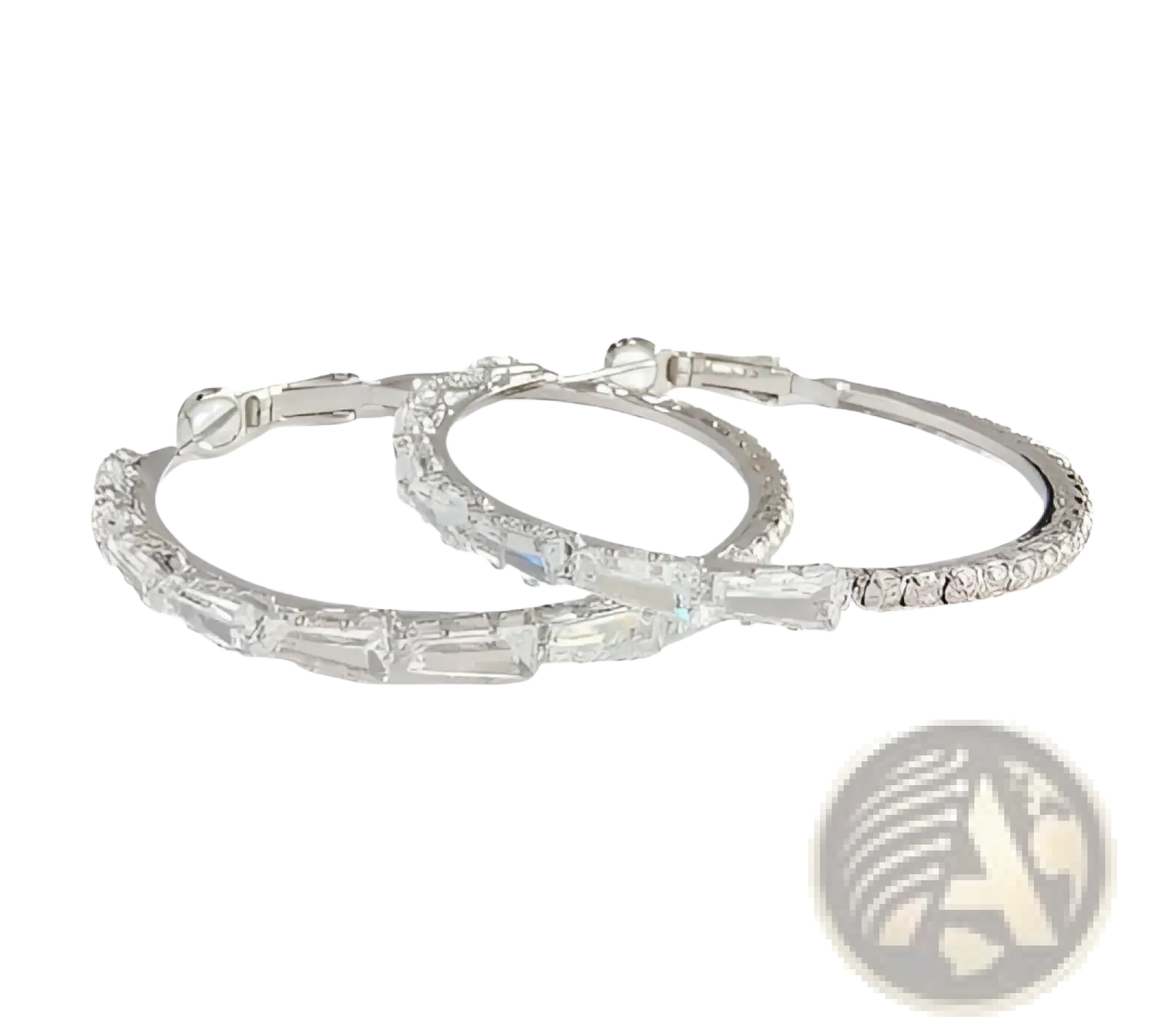Vintage baguette zircon silver hoop earrings featuring sparkling rectangular crystals along the outer edge