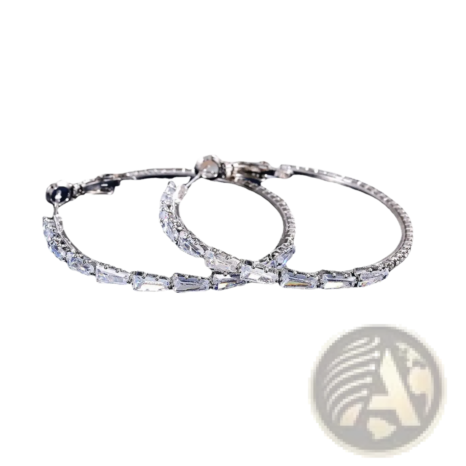 Silver hoop earrings featuring clear rectangular-cut zircon crystals along the band in a vintage style