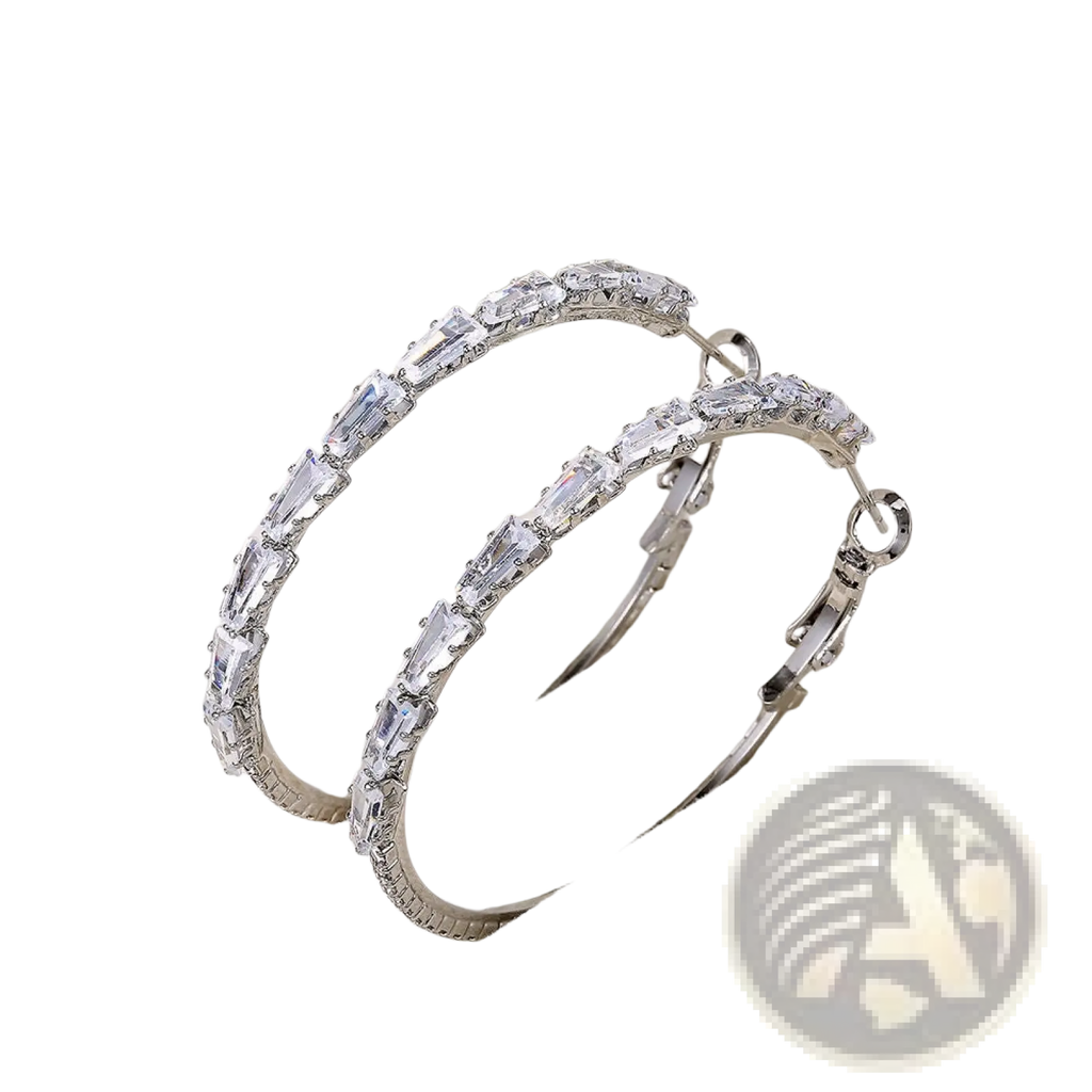 Vintage baguette zircon silver hoop earrings featuring rectangular sparkling clear crystals on a silver hoop