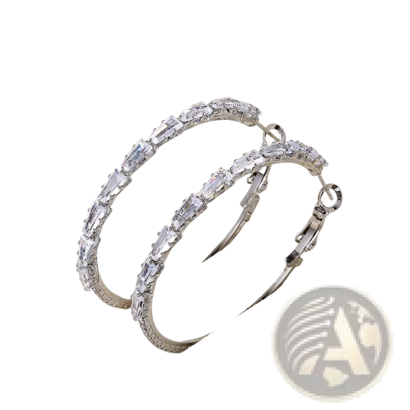 Vintage baguette zircon silver hoop earrings featuring rectangular sparkling clear crystals on a silver hoop