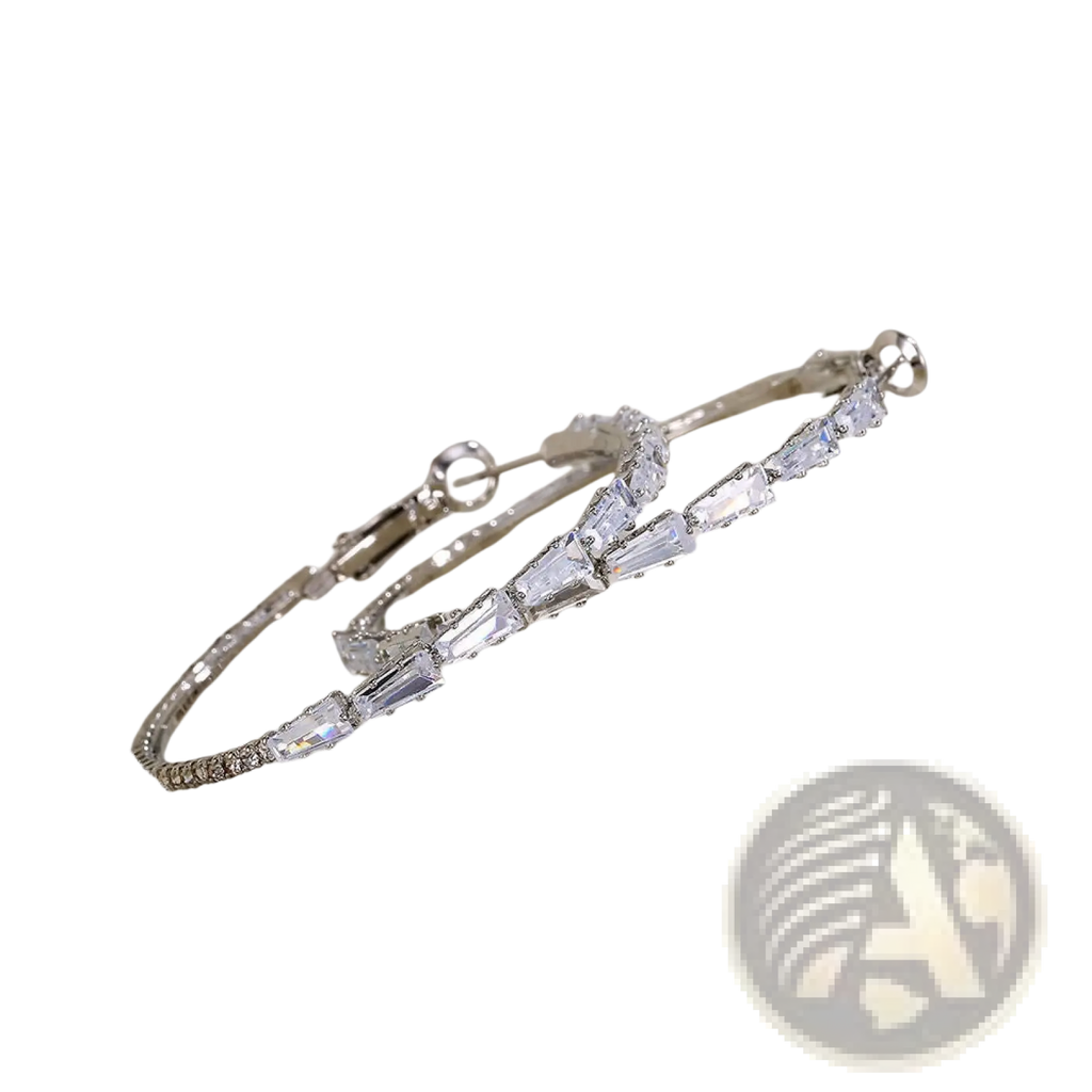 Vintage baguette zircon silver hoop earrings featuring clear baguette-cut crystals along the silver band