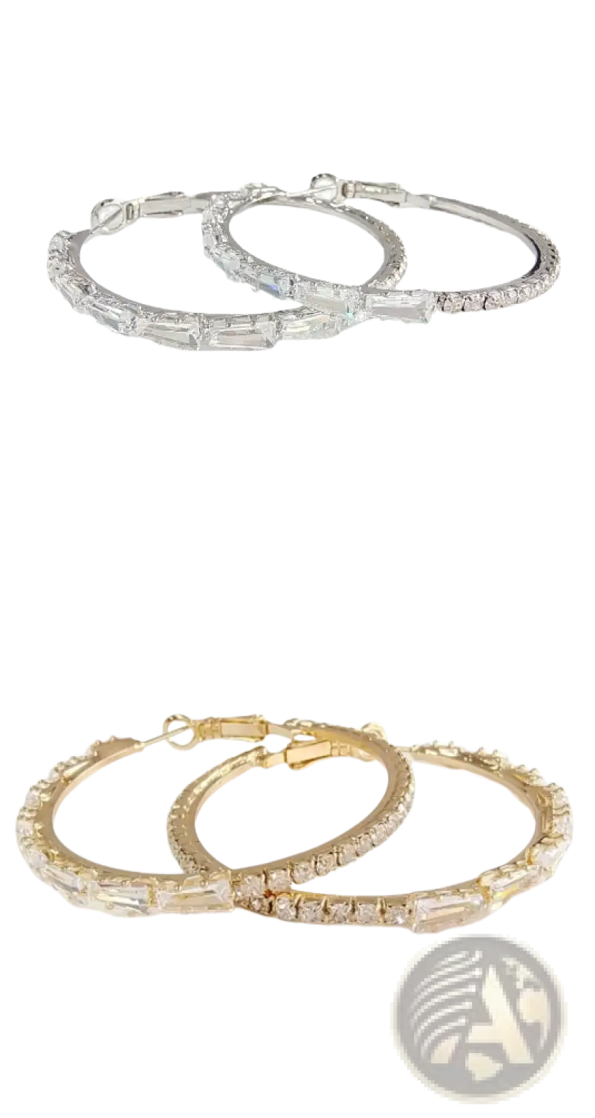 Set of three vintage baguette zircon silver hoop earrings with sleek silver and gold-tone finish and clear crystals