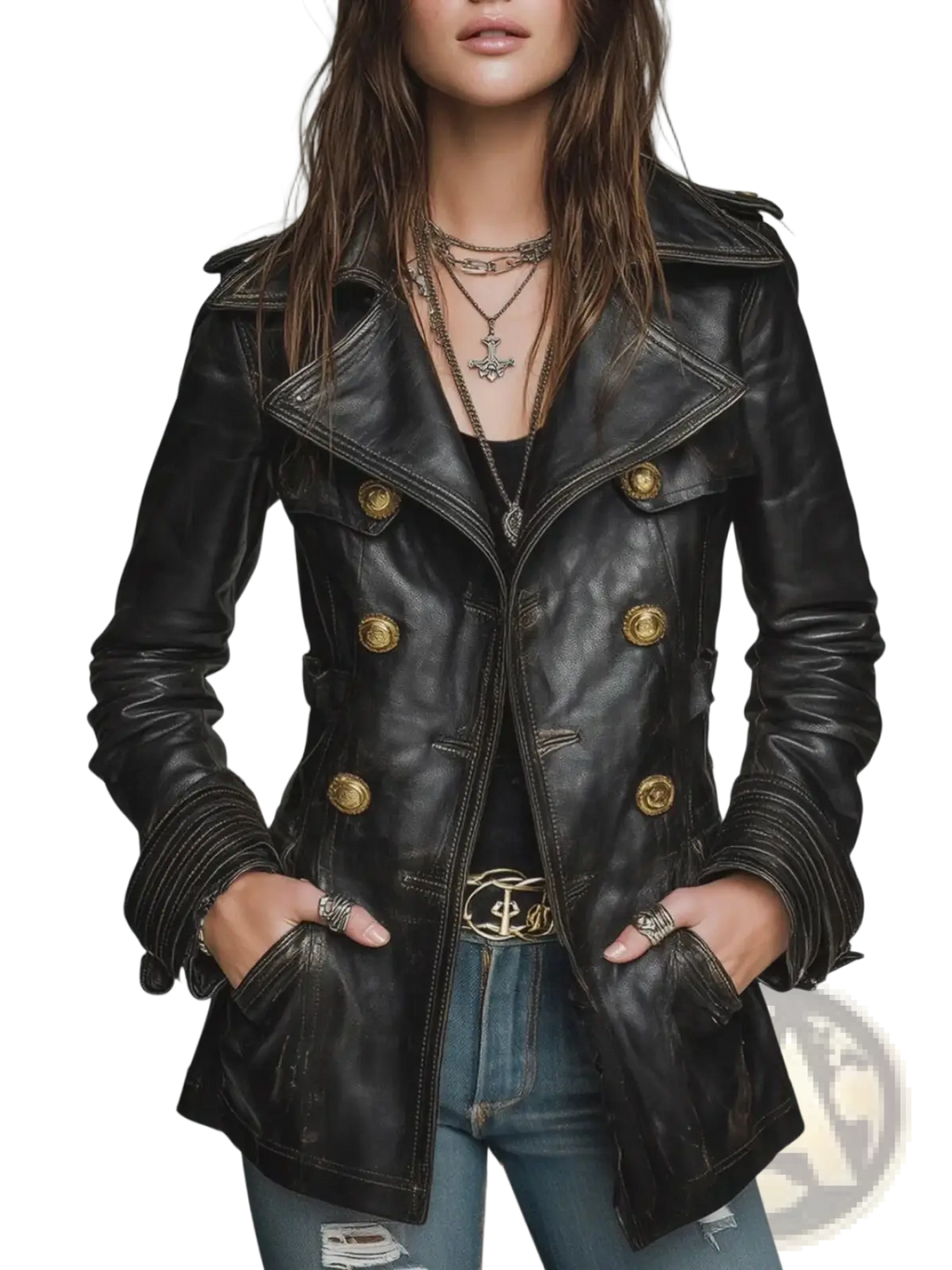 Vintage black leather double breasted jacket with gold toned buttons and ribbed cuffs displayed front side