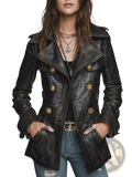 Vintage black leather double breasted jacket with gold toned buttons and ribbed cuffs displayed front side