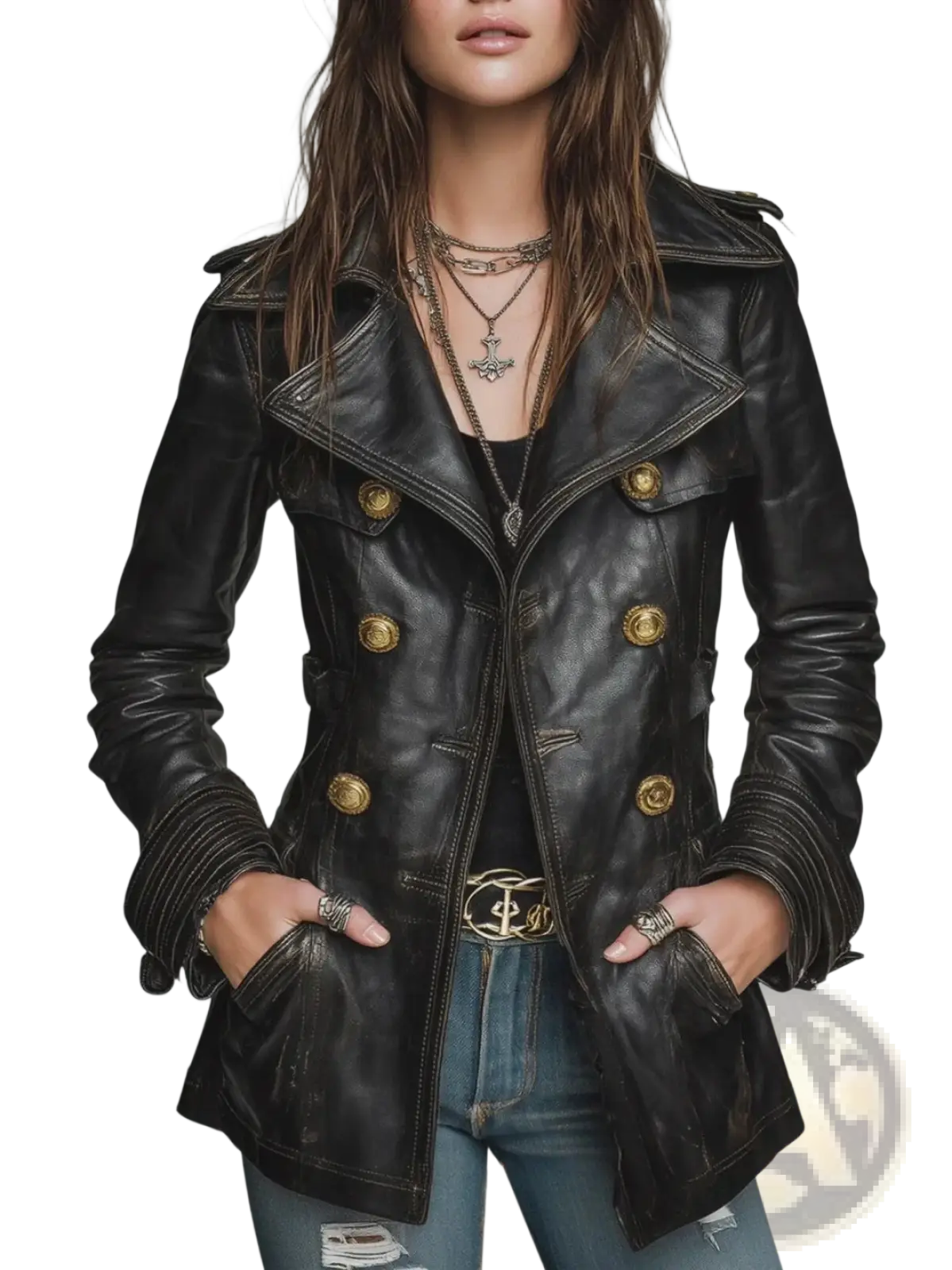 Vintage black leather double breasted jacket with gold toned buttons and ribbed cuffs displayed front side