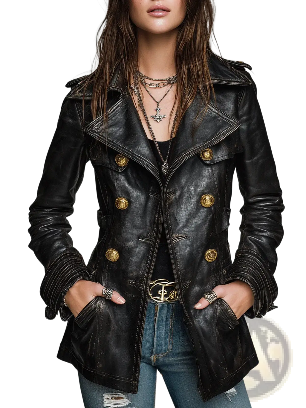 Vintage black leather double breasted jacket with gold toned buttons and stitched detailing on the front side