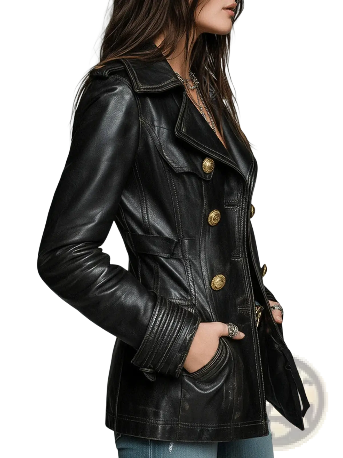 Vintage black leather double breasted jacket with gold toned buttons and ribbed cuffs for stylish outerwear