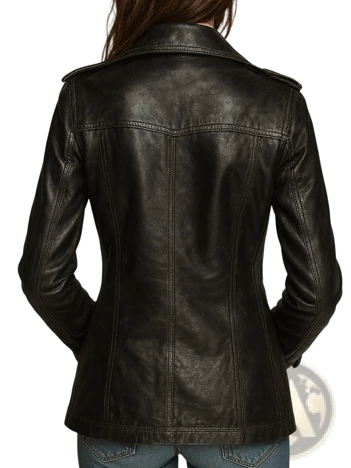 Vintage black leather double breasted jacket with a classic collar and structured shoulders in moto style