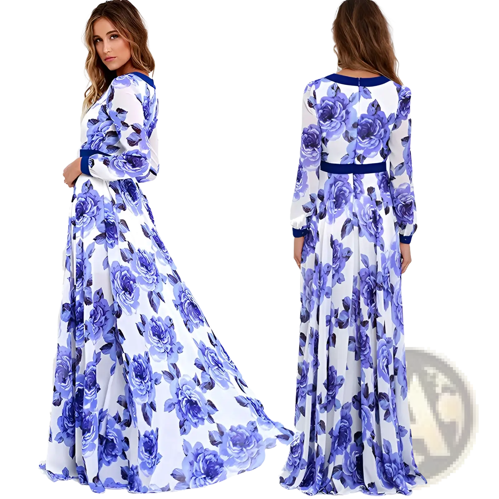 A flowing white vintage blue floral v-neck maxi dress with navy trim at neckline cuffs and waistband