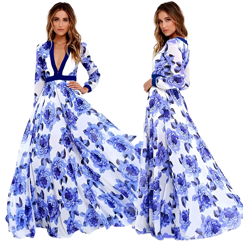 A flowing white vintage blue floral v neck maxi dress with vibrant blue pattern and navy trim accents