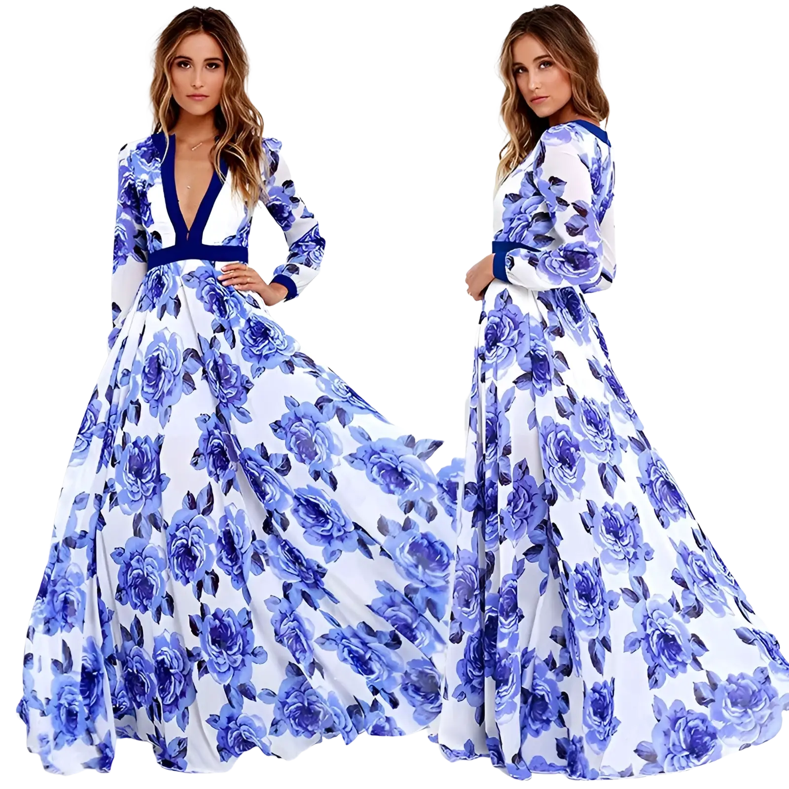 A flowing white vintage blue floral v neck maxi dress with vibrant blue pattern and navy trim accents