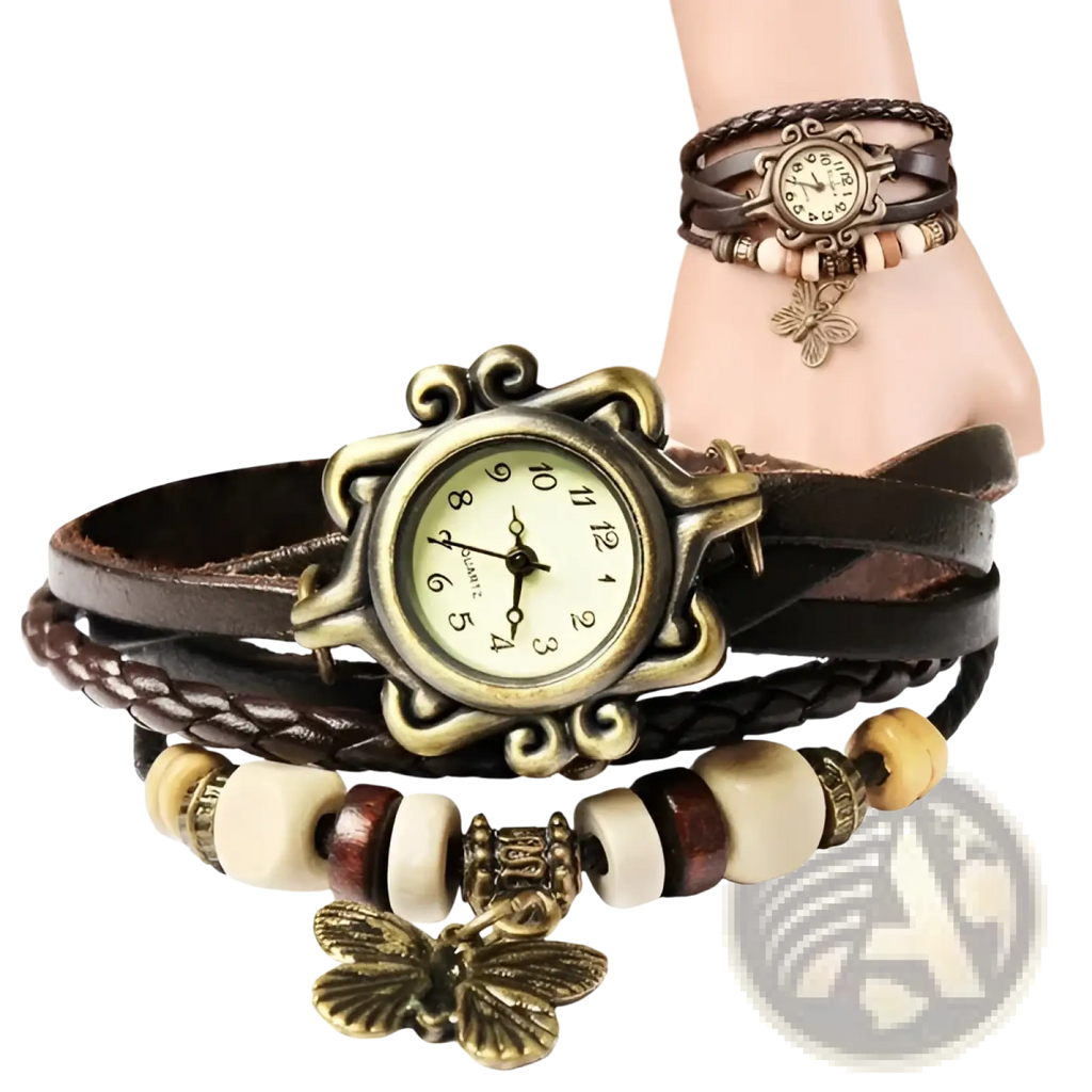 Vintage bohemian watch with an antique brass round face and dark brown braided leather straps with butterfly charms