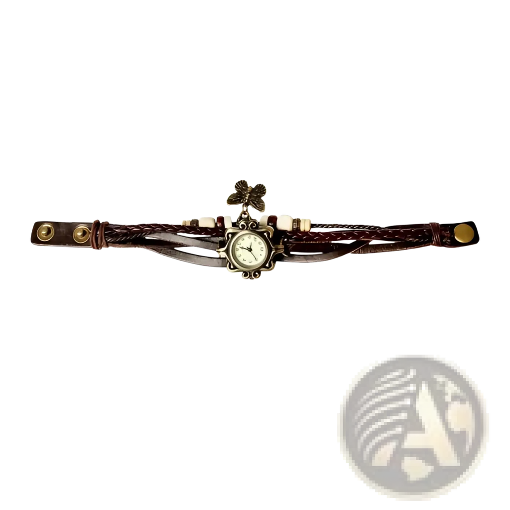 Vintage bohemian watch with brown braided leather bracelet vintage-style clock face and decorative clover charm